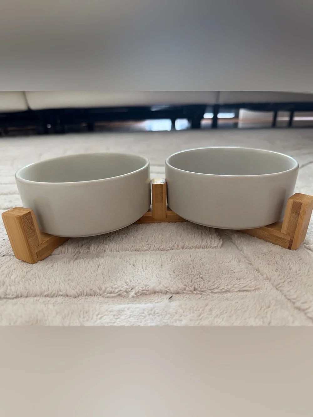 Modern Gray Ceramic Double Dog Bowl with Bamboo Stand